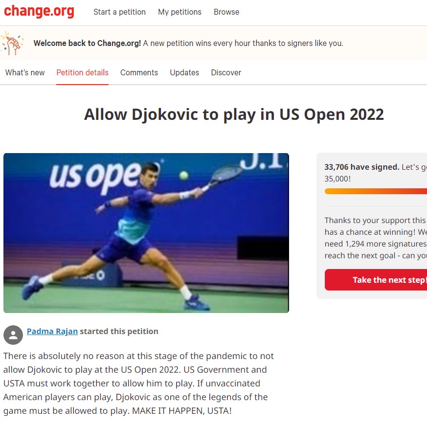 Petition for Novak Djokovic to play in US Open 2022 on Change.org